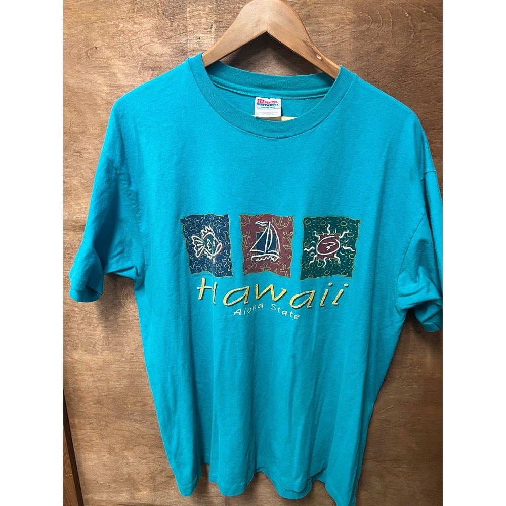 Vintage Hanes Hawaii‎ Aloha State T Shirt Mens XL Teal Maui Divers Made in USA